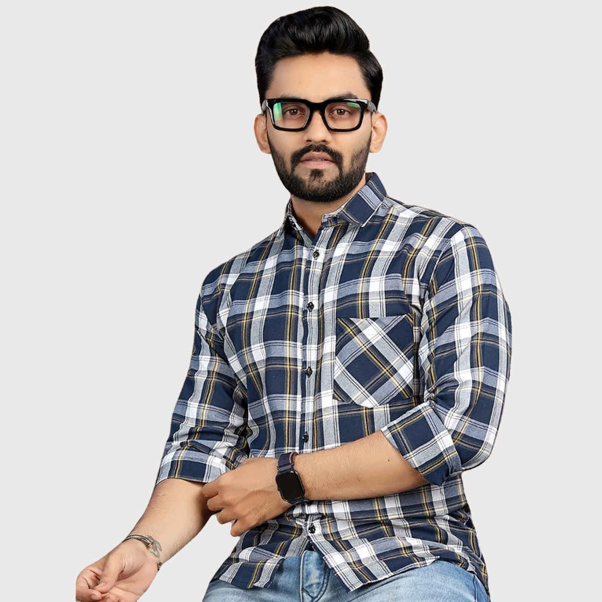 Allan Peter Men's Blue And Yellow Checks Shirt | XL