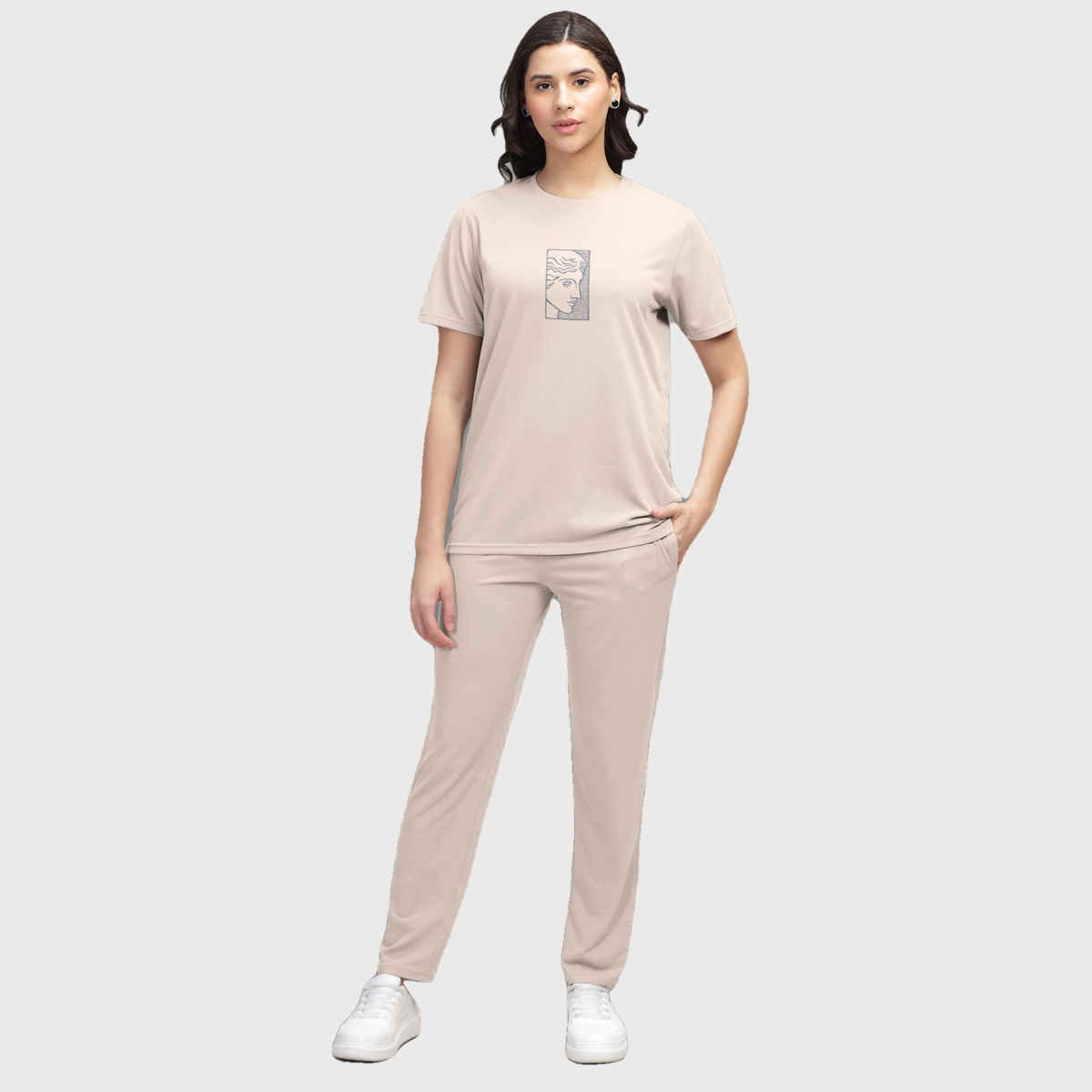 Hellcat Women's Trendy Printed - Solid T-shirt with Pants Lounge Wear - Coords | Beige - S