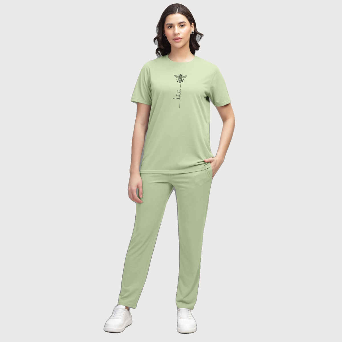 Hellcat Women's Trendy Printed - Solid T-shirt with Pants Lounge Wear - Coords | Green - L