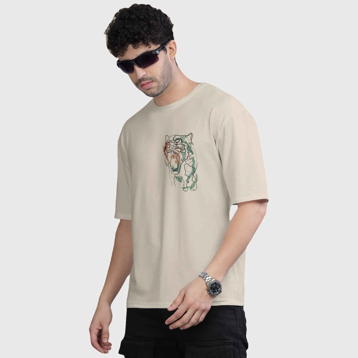 Bullmer Men's Oversized T-shirt Front and Back Printed | Chalk, Olive | XL