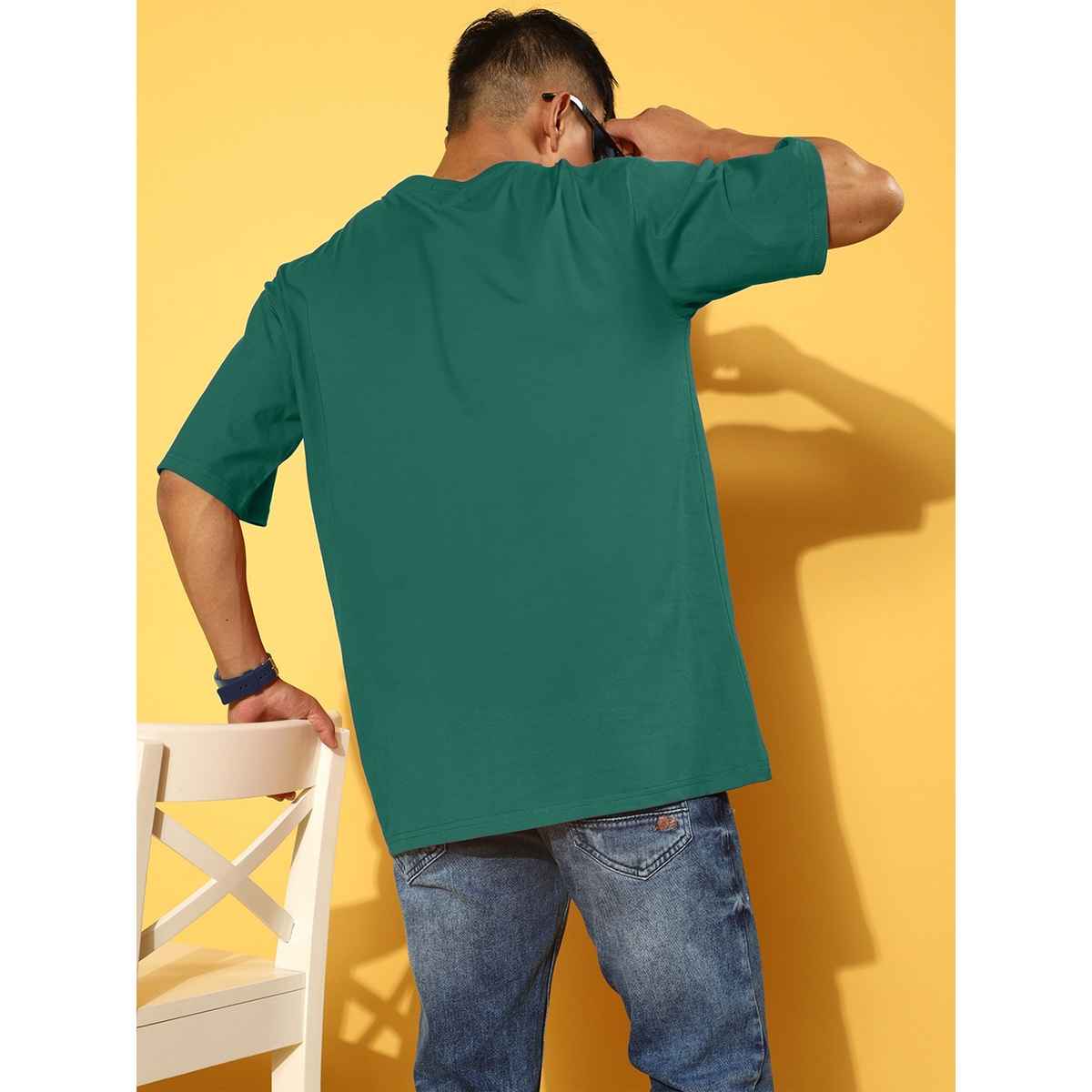 Veirdo Pure Cotton Oversized Fit Round Neck Green Printed T-Shirt For Men - M
