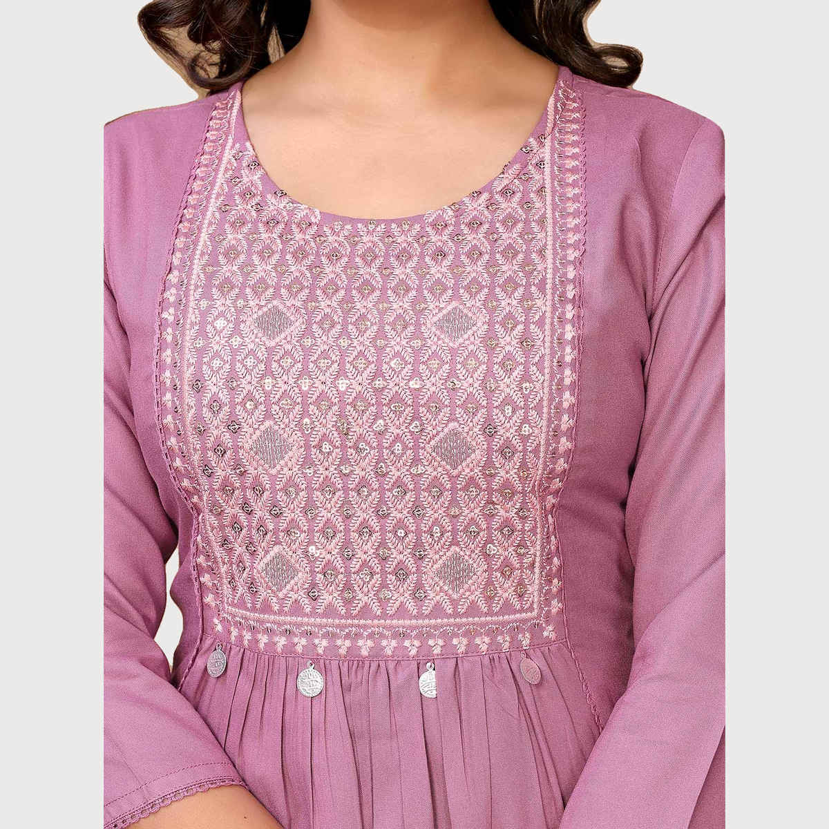 Rangita Women's Rayon Embroidered Calf Length A-Line Kurta | Pink - L