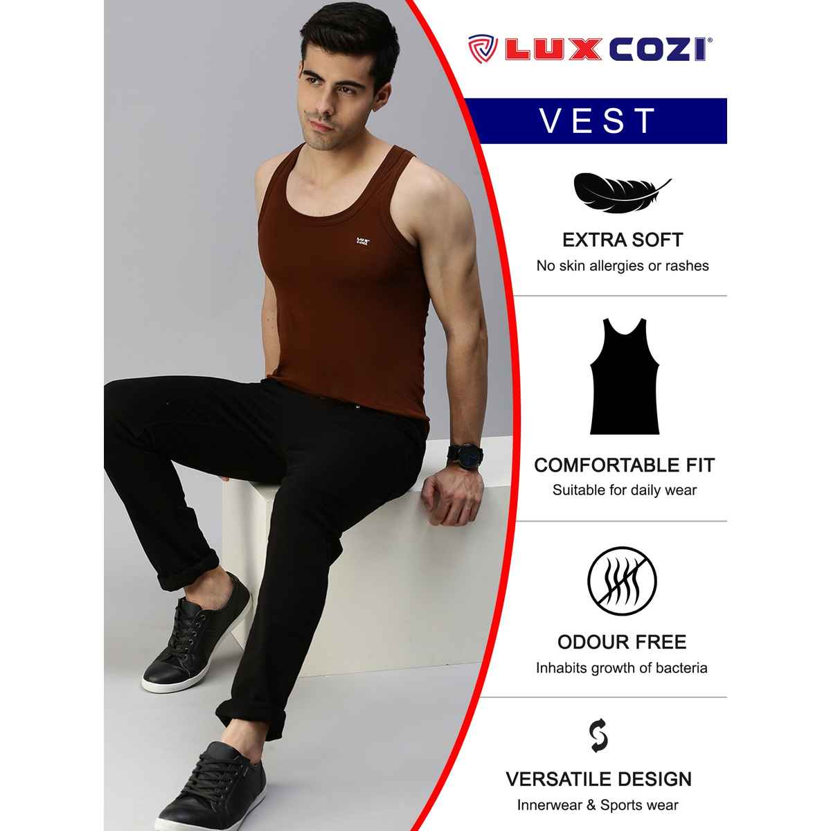Lux Cozi Men's Colour Cotton Vest | Assorted | 95 - Pack of 3