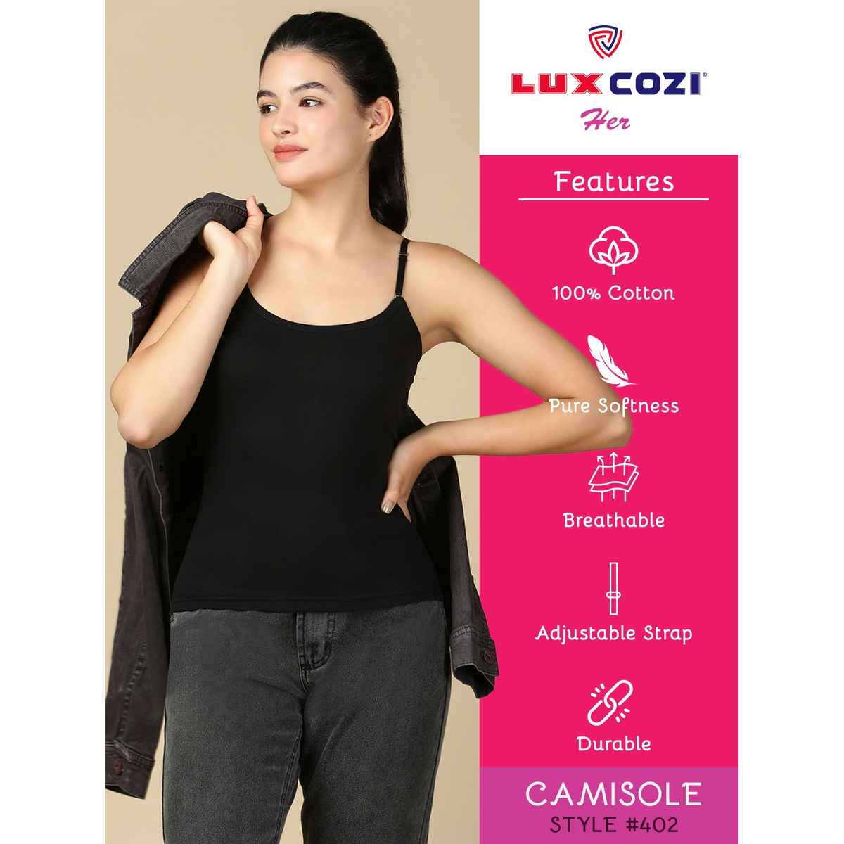 Lux Cozi Women s Premium Ultra Soft Cotton Camisole Black and White | Size-2XL