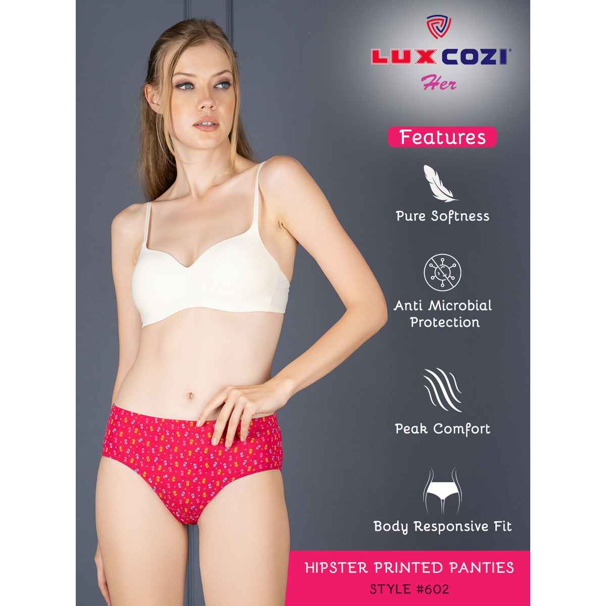 Lux Cozi Her Pure Cotton Hipster Printed Panty | Multicolor | Size-100 | Pack Of 6