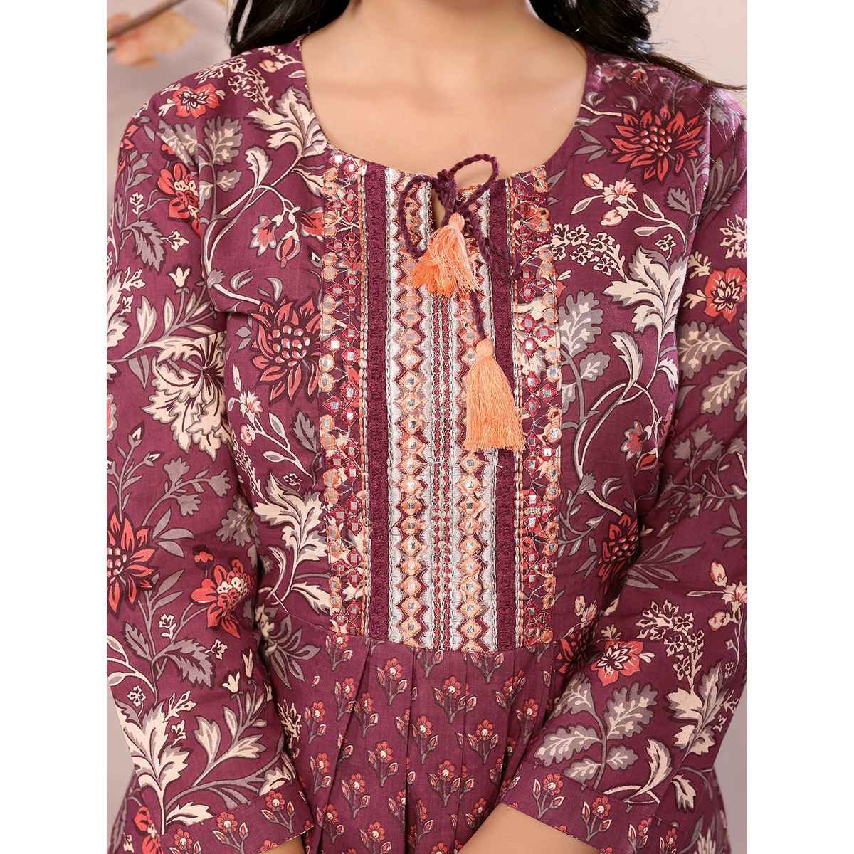 Rangita Women s Maroon Cotton Embroidered Calf Length A-Line Kurta | L