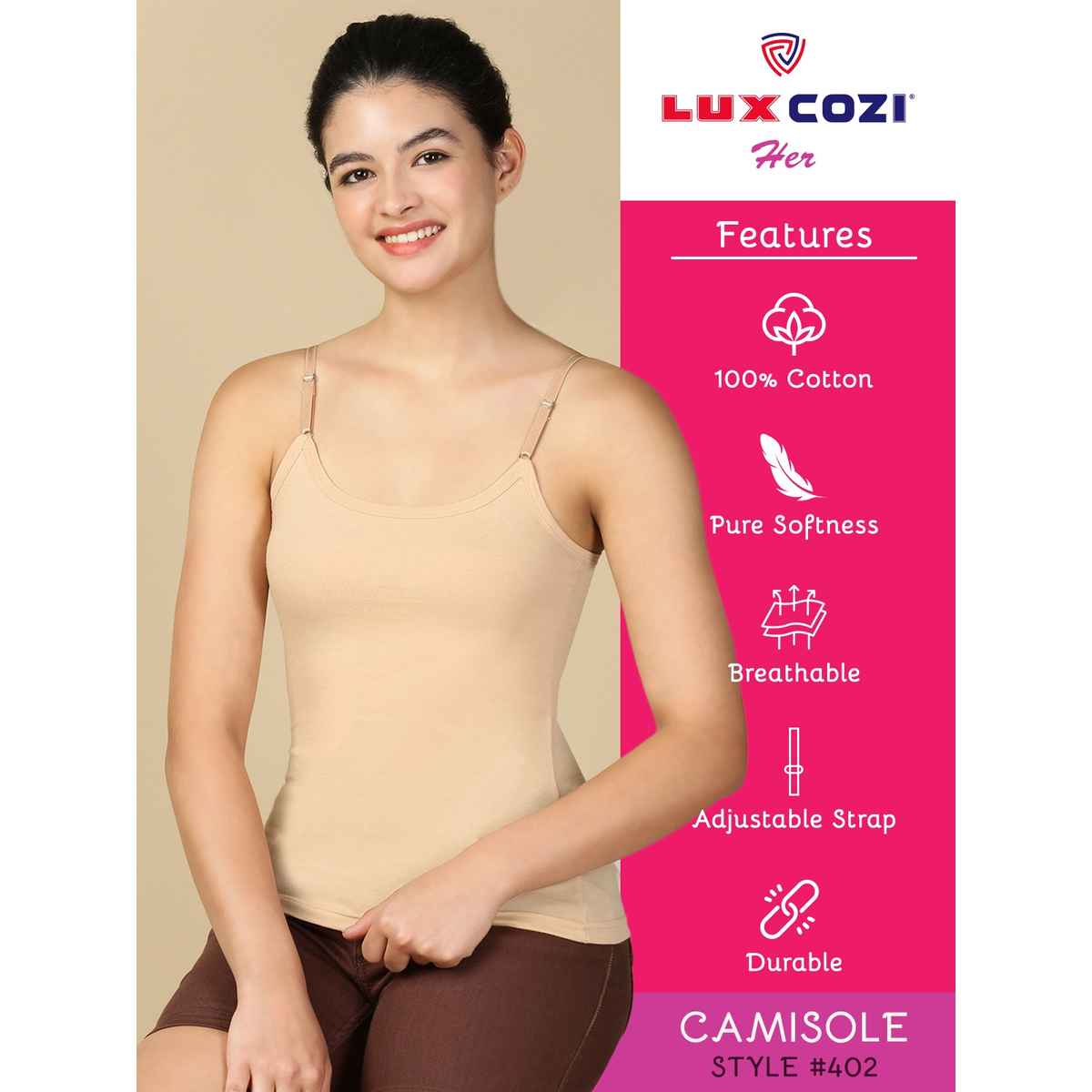 Lux Cozi Women s Premium Ultra Soft Cotton Camisole White and Beige | Size-M