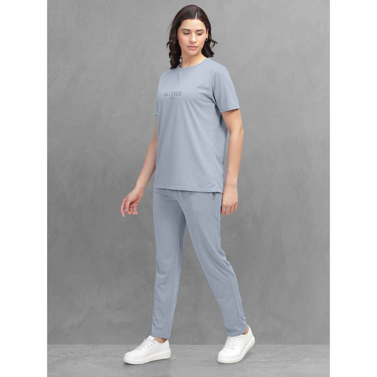 Hellcat Women's Trendy Printed - Solid T-shirt with Pants Lounge Wear - Coords | Bluish Grey - S