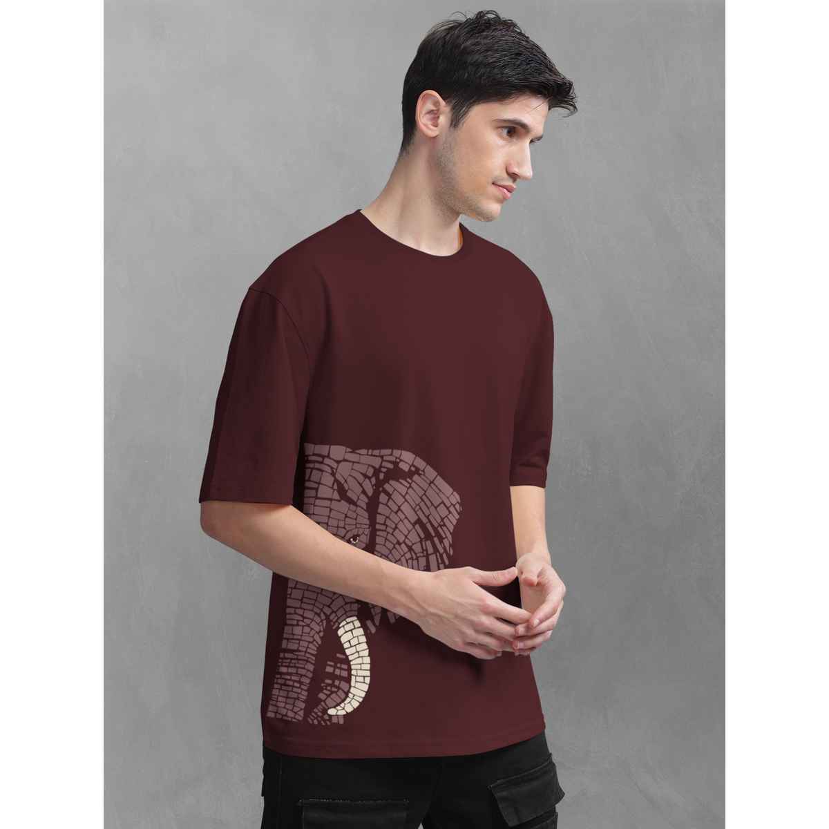 Bullmer Men's Oversized T-shirt Front and Back Printed | Maroon, Beige | XL