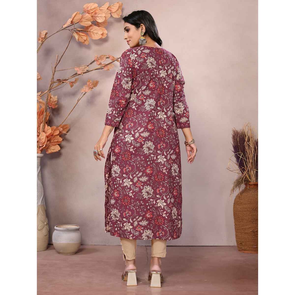 Rangita Women s Maroon Cotton Embroidered Calf Length A-Line Kurta | L