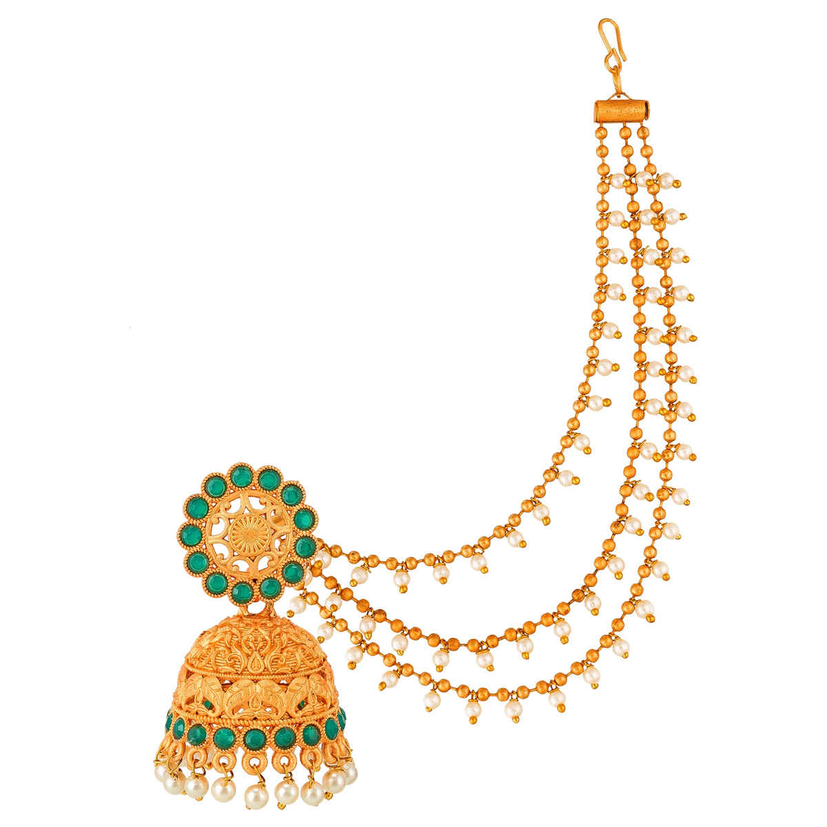 Aadita Chandbali Style Antique Gold Jhumka Earrings - Green & Pearl Chain Design