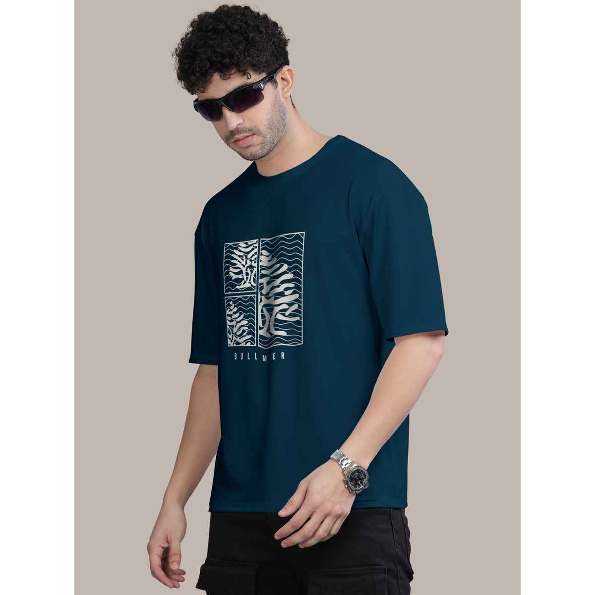 Bullmer Men's Oversized T-shirt Front Printed | Petrol Blue | L