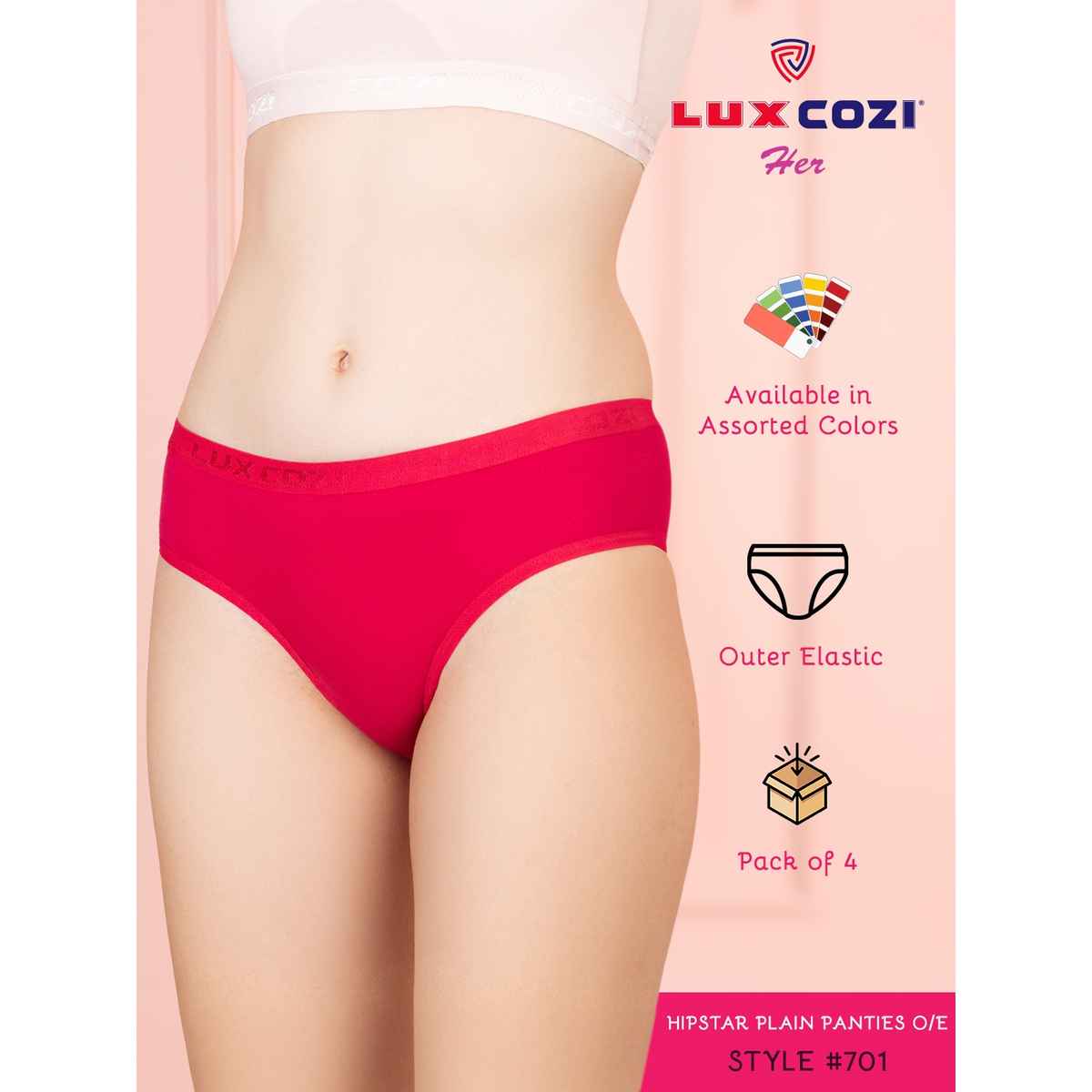 Lux Cozi Her Pure Cotton Hipster Panty | Multicolor | Size-85 | Pack Of 4