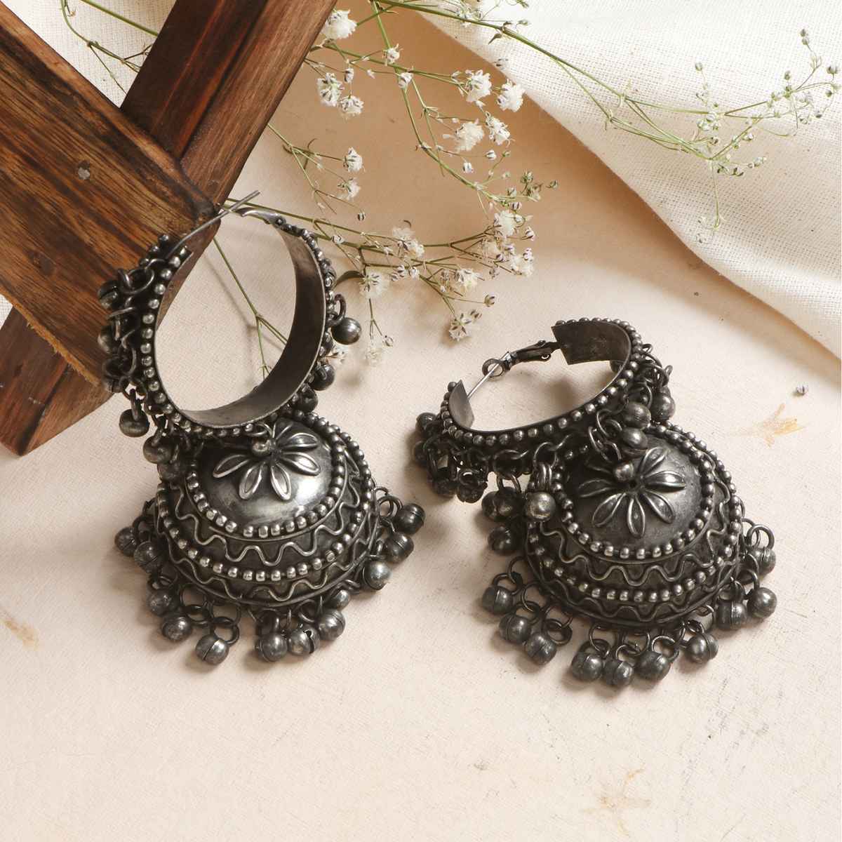 Teejh Teejh Rabya Silver Oxidised Jhumkis