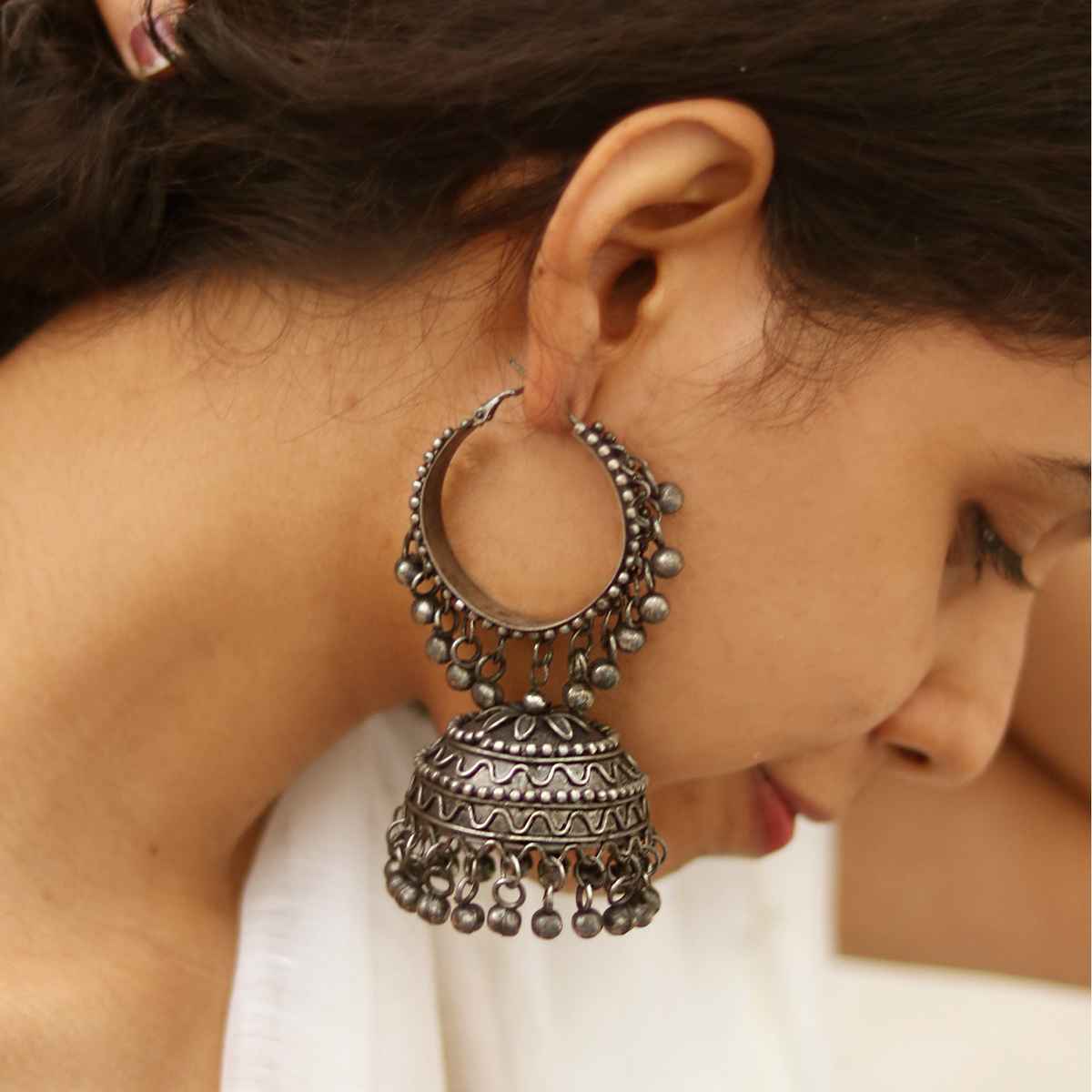 Teejh Teejh Rabya Silver Oxidised Jhumkis