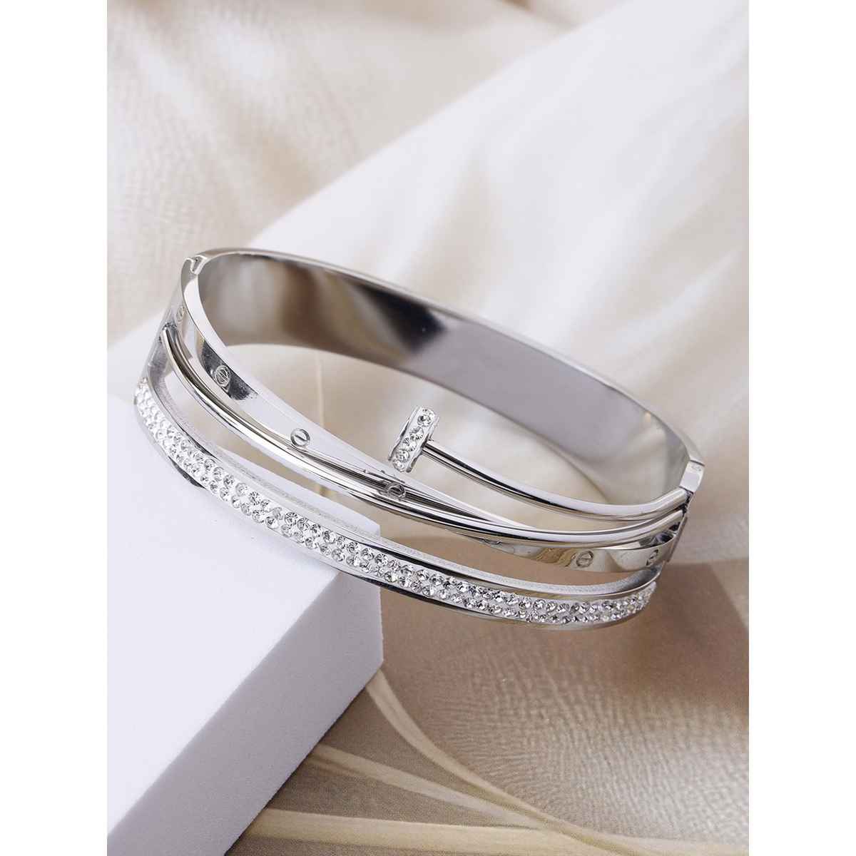 Scintillare by Sukkhi Rhodium SS Multilayer Kada Bracelet for Women & Girls | Anti Tarnish