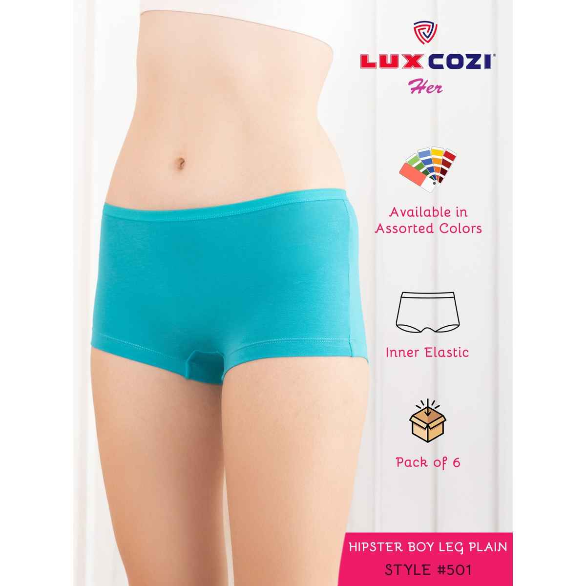 Lux Cozi Her Pure Cotton Women Boy Short Panty | Multicolor | Size-95 | Pack Of 6