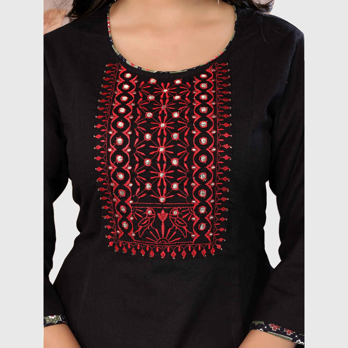 Rangita Women s Black Cotton Embroidered Calf Length Flared Kurta | L