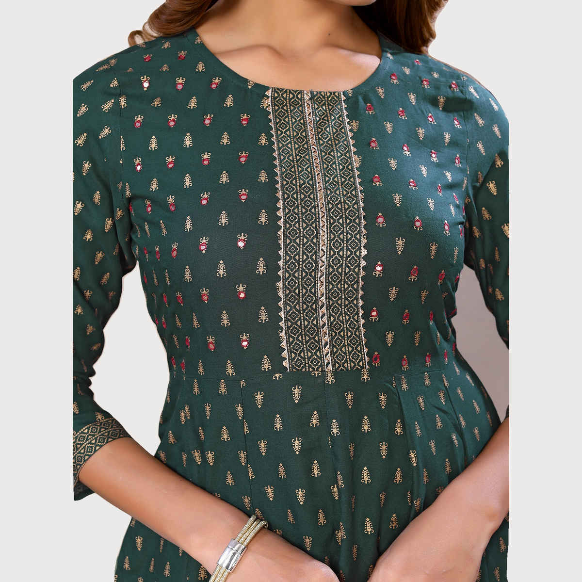 Rangita Women s Green Rayon Embroidered Calf Length Anarkali Kurta | M