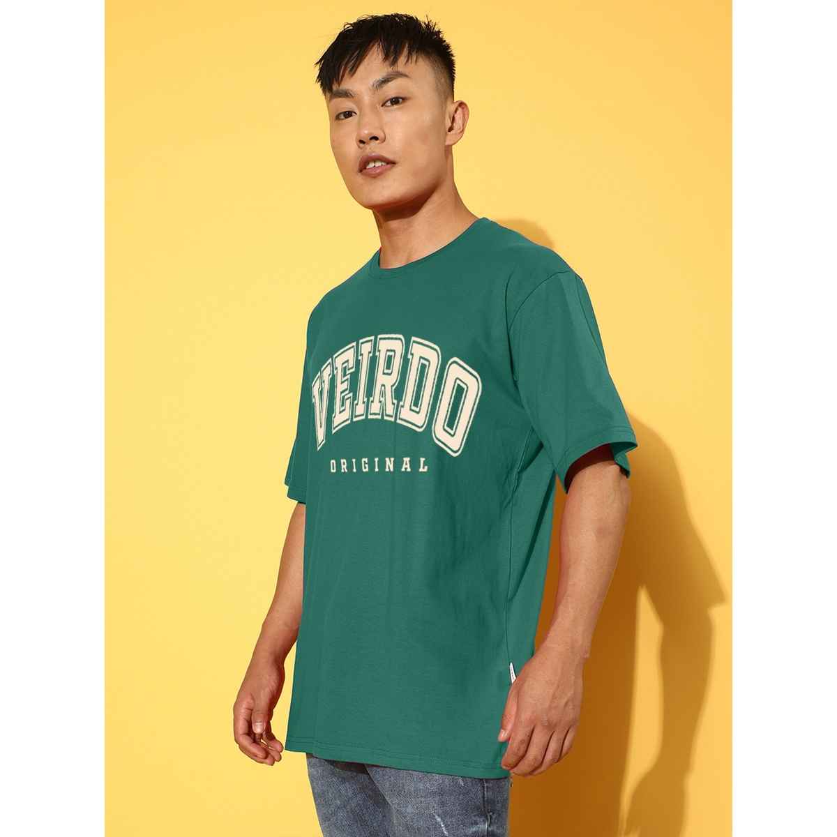 Veirdo Pure Cotton Oversized Fit Round Neck Green Printed T-Shirt For Men - M