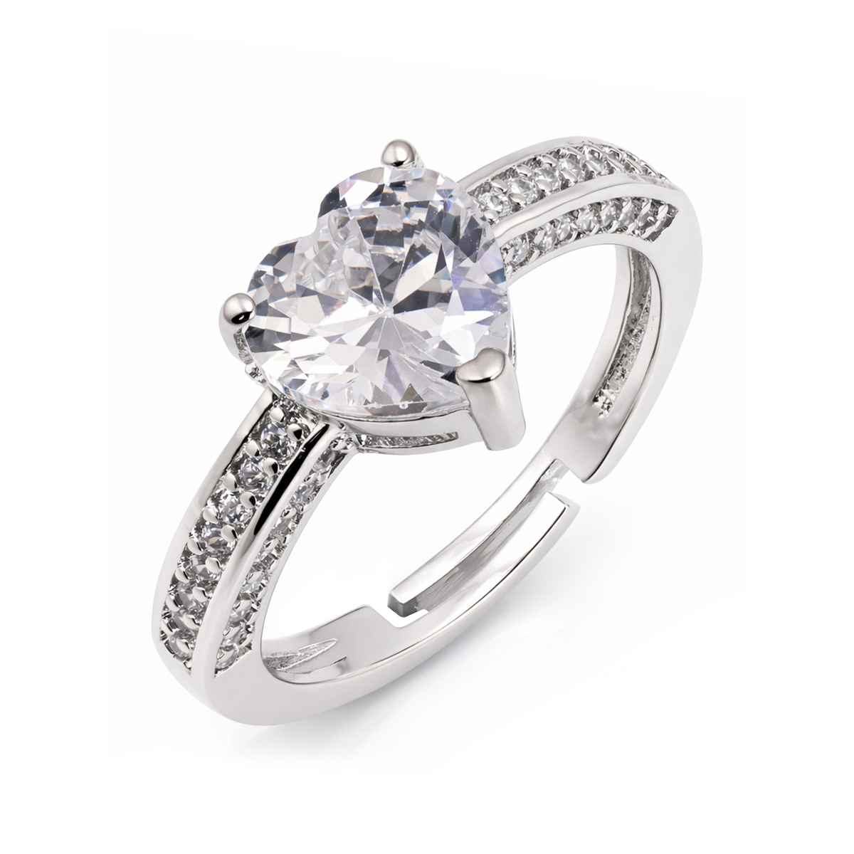 Sukkhi Stylish Rhodium Plated CZ Solitaire Heart Shaped Love Proposal Ring for Women | Free Size