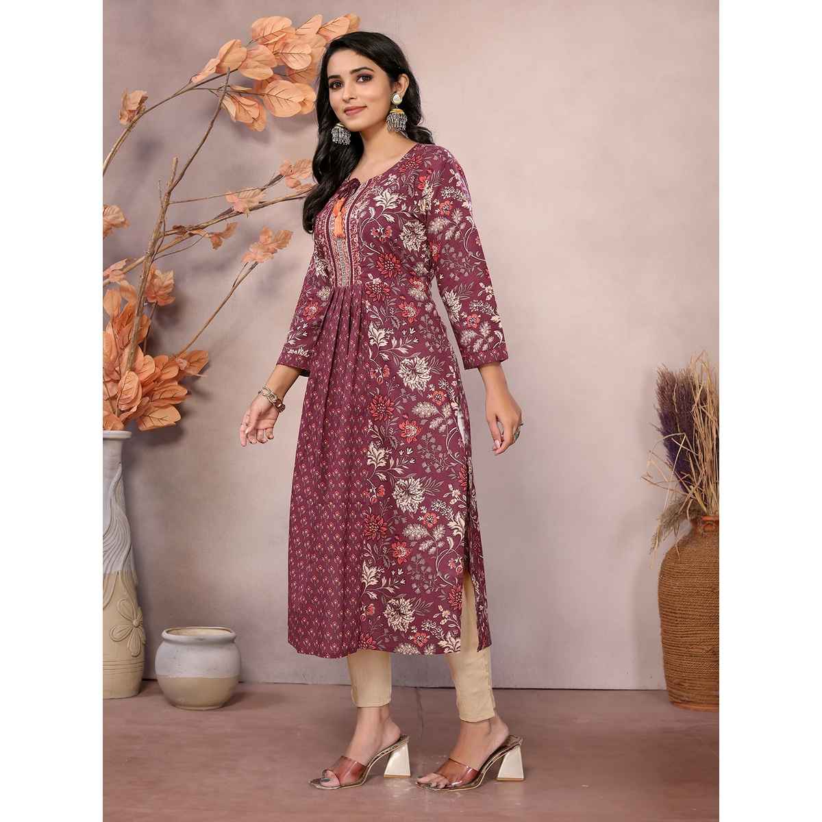 Rangita Women s Maroon Cotton Embroidered Calf Length A-Line Kurta | L