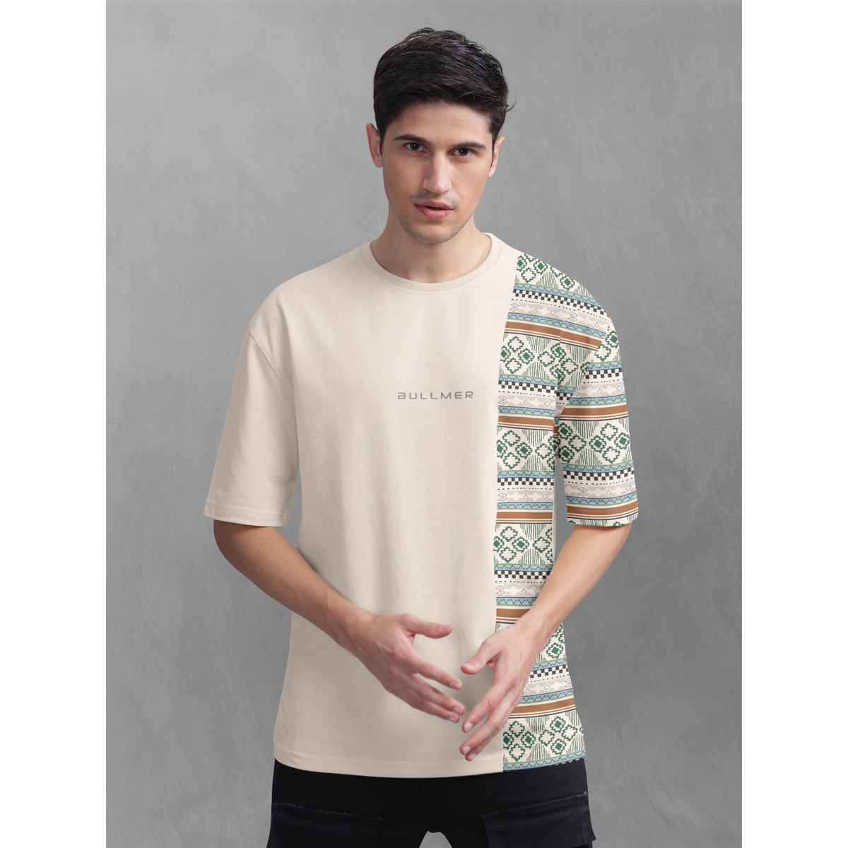 Bullmer Men's Oversized T-shirt Front and Back Printed | Petrol Blue, Beige | M