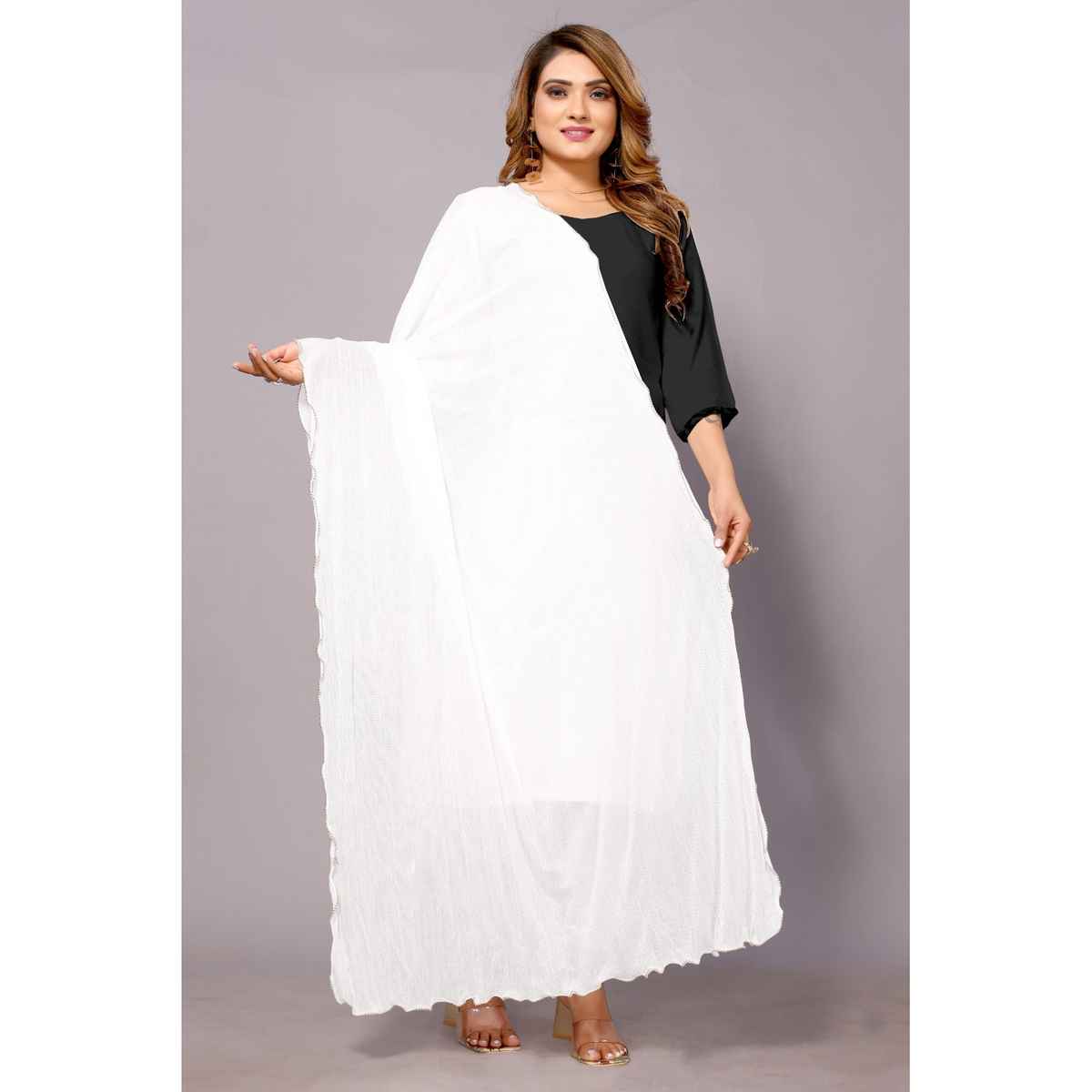 Fabflick Elegant Lycra Solid Dupatta for Women with Moti Embellished Border | White