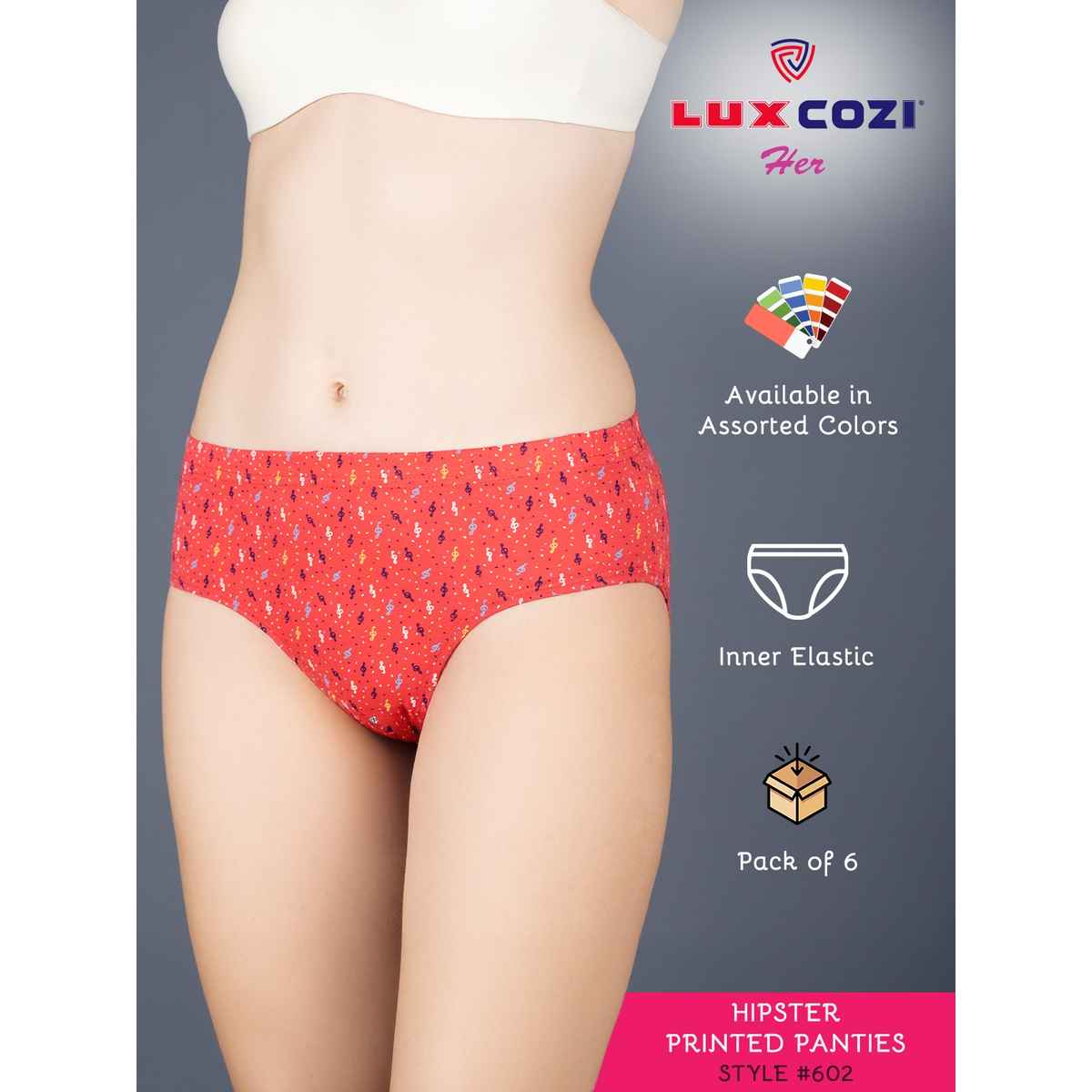 Lux Cozi Her Pure Cotton Hipster Printed Panty | Multicolor | Size-100 | Pack Of 6