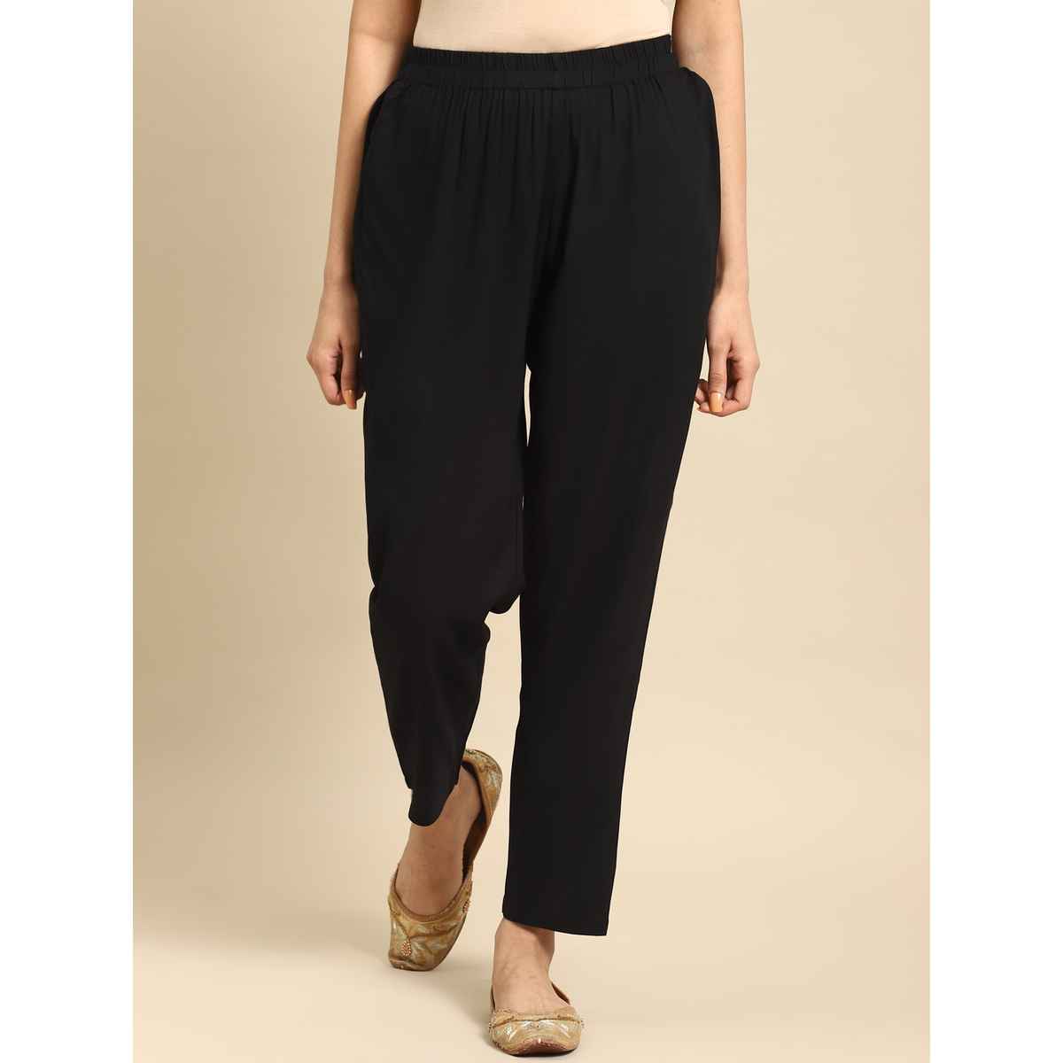 Rangita Women Ankle Length Straight Pant - Solid | Rayon | Black | L