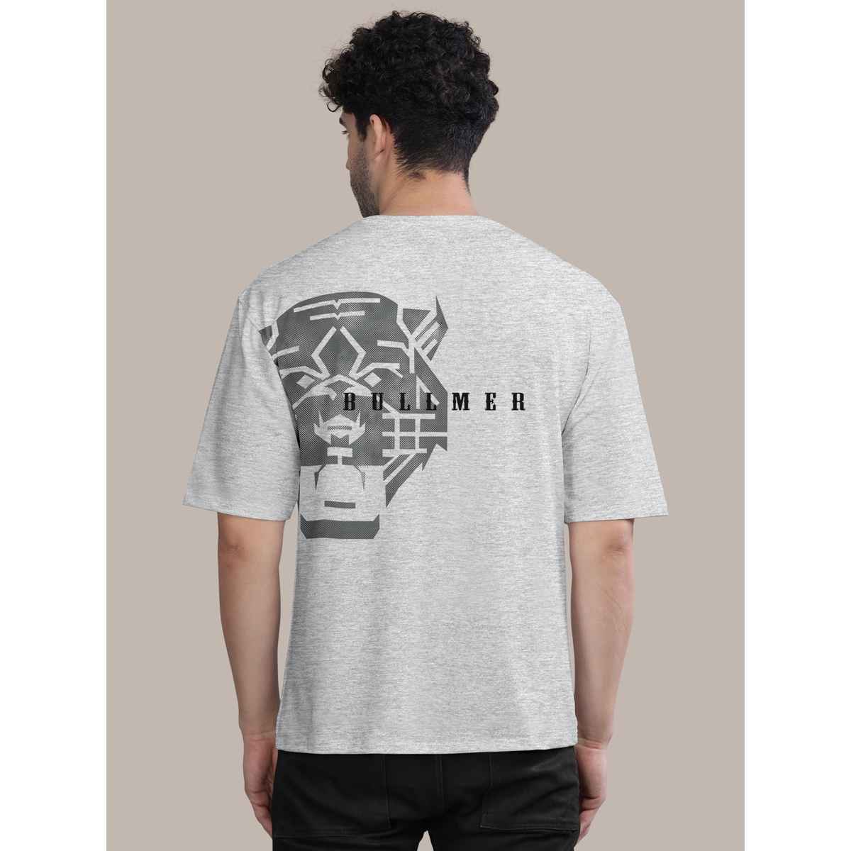 Bullmer Men's Oversized T-shirt Front and Back Printed, Colourblock Baggy | White Melange | L