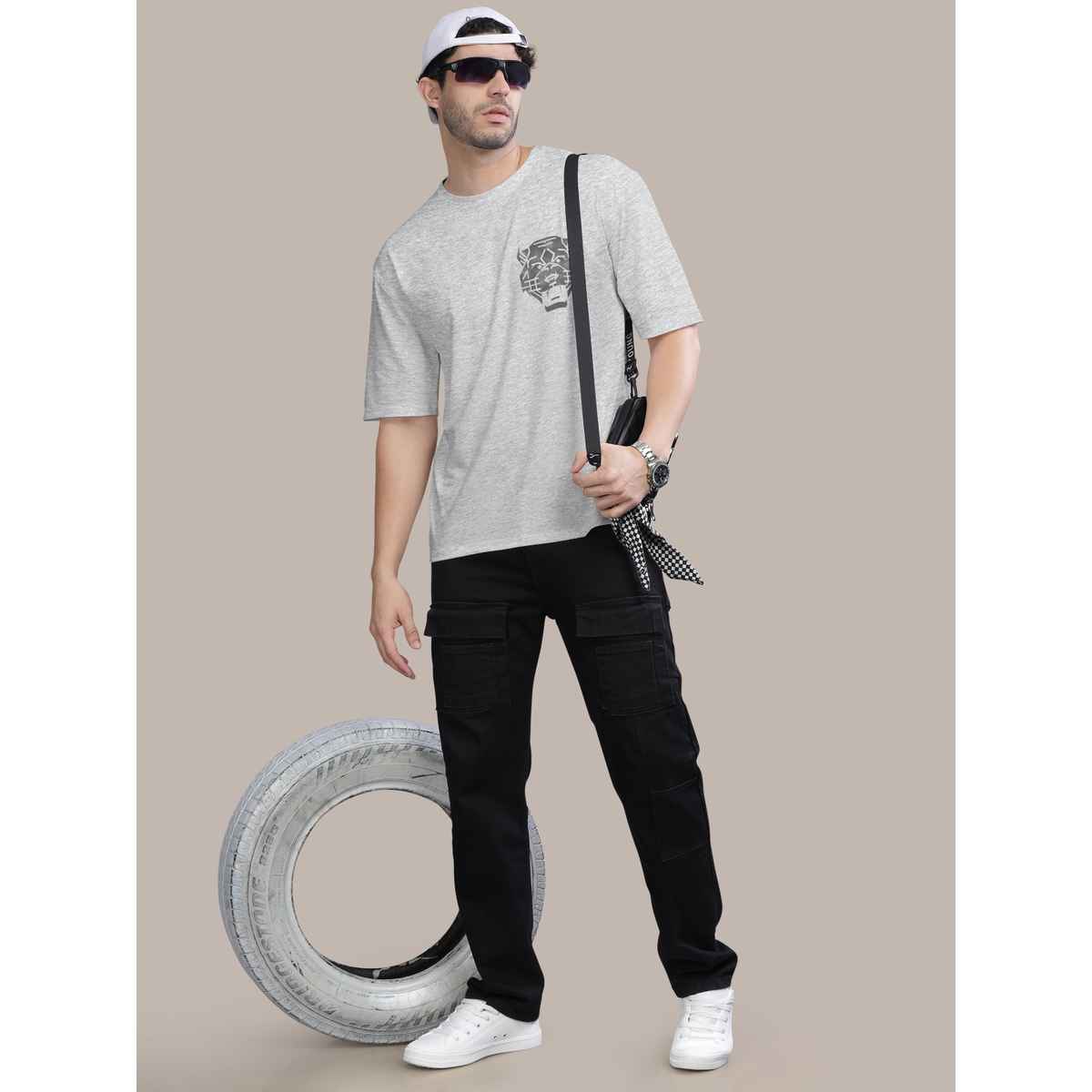 Bullmer Men's Oversized T-shirt Front and Back Printed, Colourblock Baggy | White Melange | L