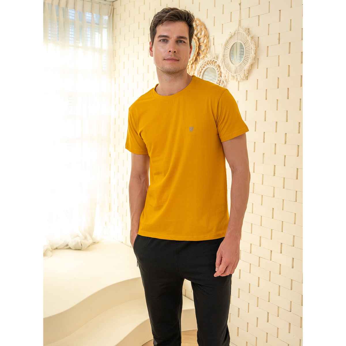 Lux Cozi Men s Ultimate Comfort & Style Round Neck Cotton T-shirt | Mustard | Size | M