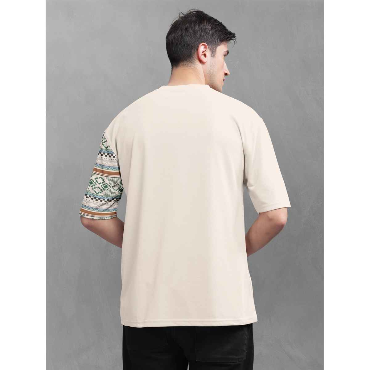Bullmer Men's Oversized T-shirt Front and Back Printed | Petrol Blue, Beige | M