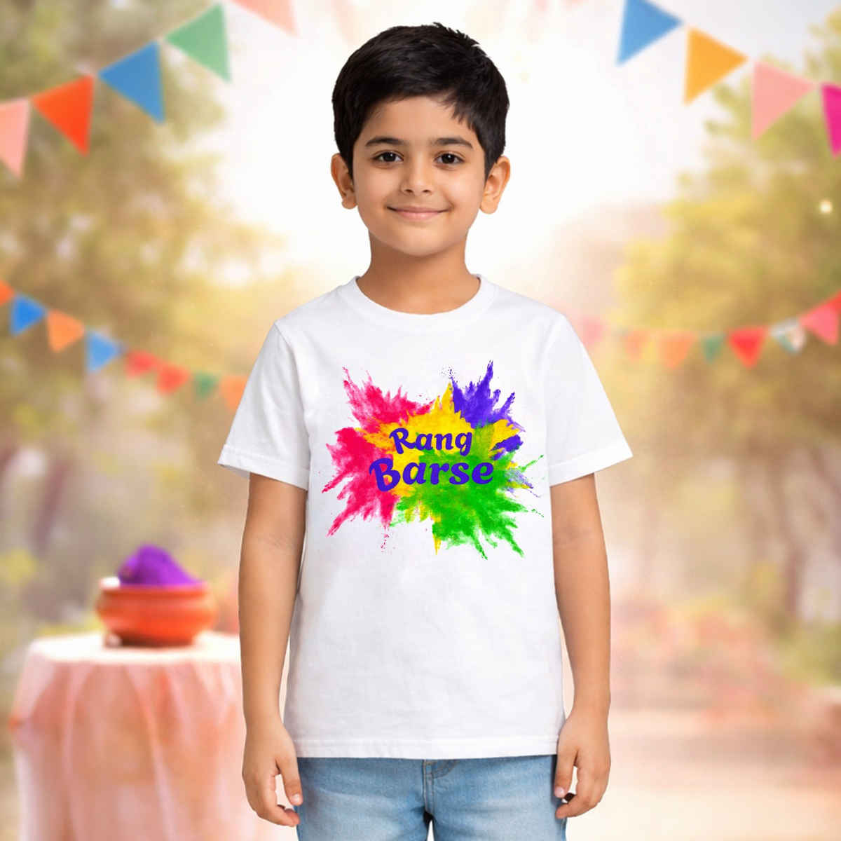 Trampoline Cotton Holi Theme Half Sleeves Rang Barse Text Printed T-shirt | White | 3-4 Years