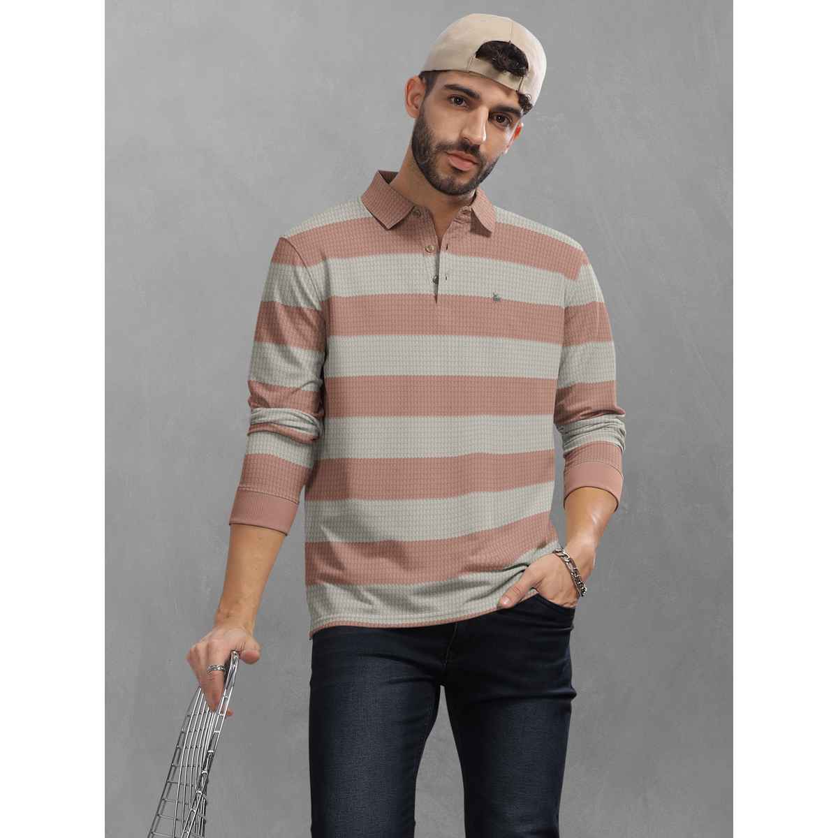 Bullmer Men Polo Neck Full Sleeve T-shirt Striped Textured Printed | Pink | S