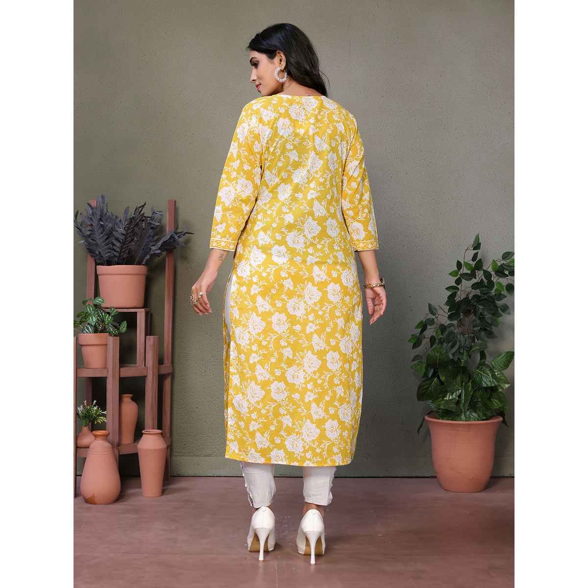 Rangita Women s Yellow Cotton Embroidered Calf Length Straight Kurta | XL