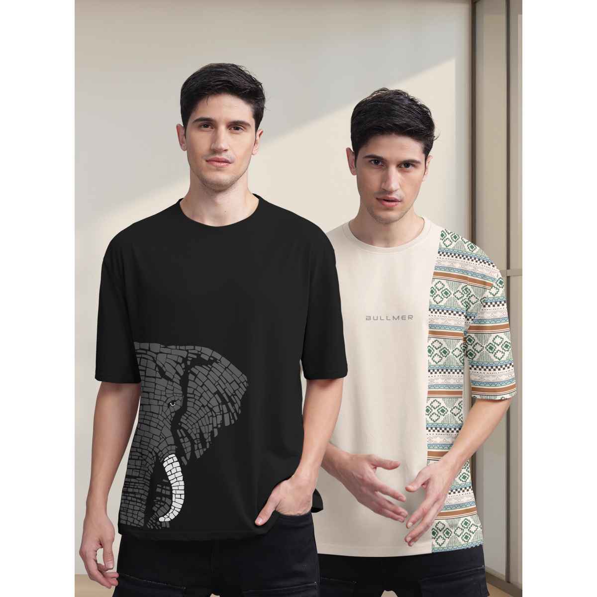 Bullmer Men's Oversized T-shirt Front and Back Printed | Black, Beige | L