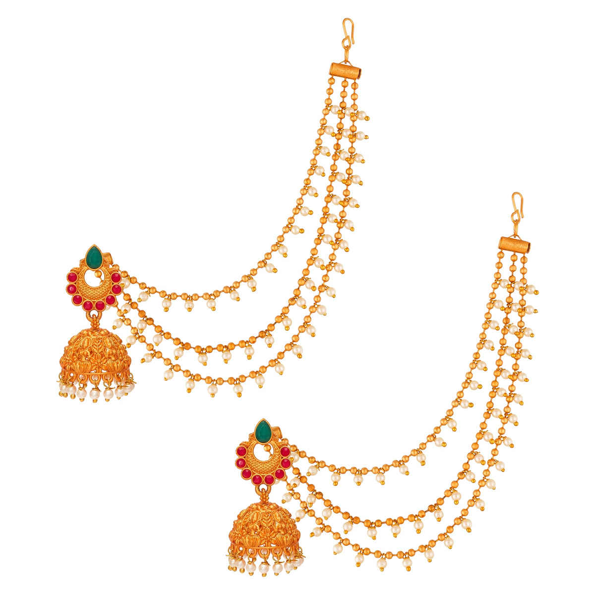 Aadita Wedding Gold Plated Antique Jhumka Earrings with Hair Chain Indian Bridal Jewelry
