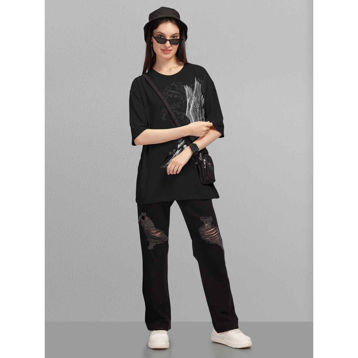 Hellcat Black Trendy Printed Oversized T-shirt for Women | XL
