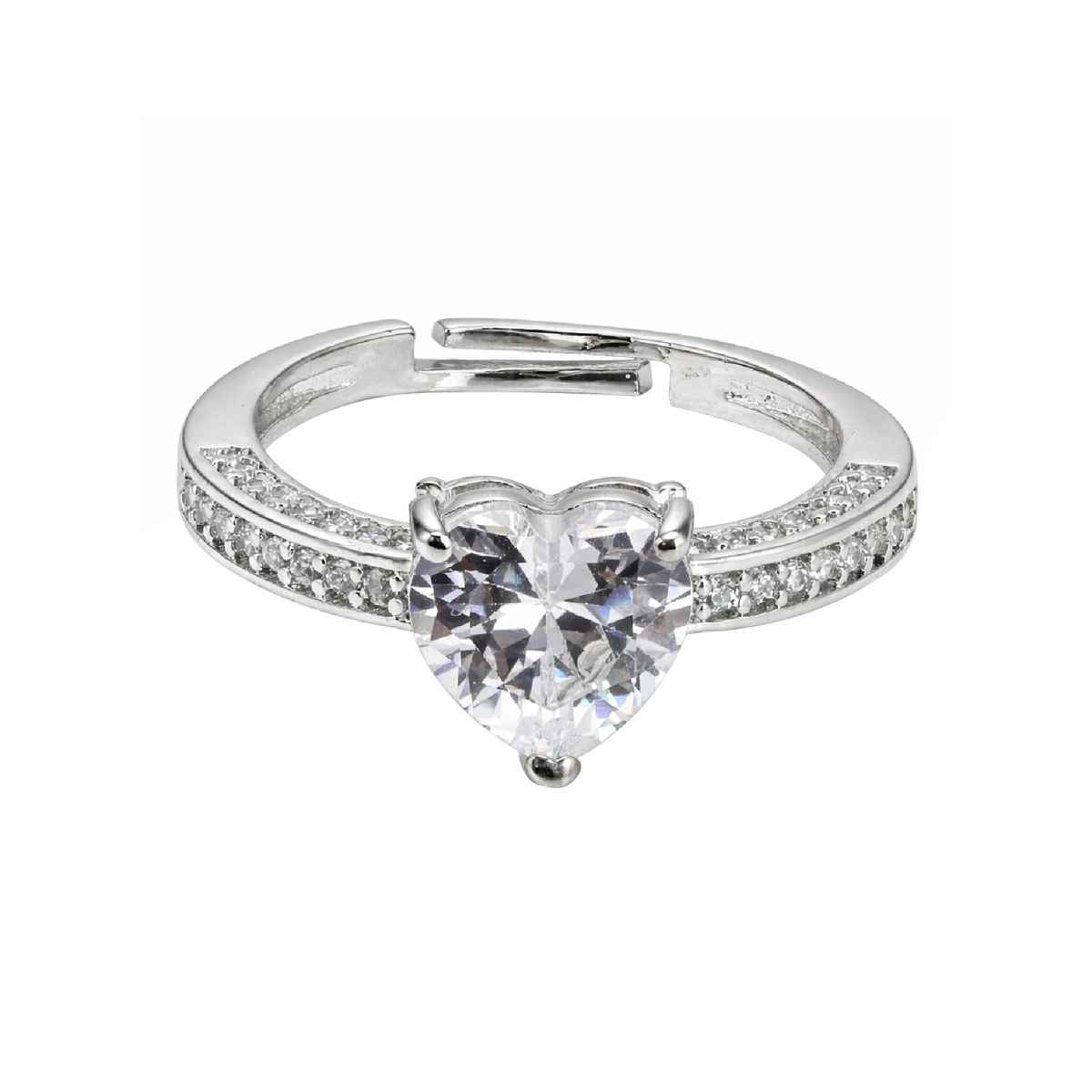Sukkhi Stylish Rhodium Plated CZ Solitaire Heart Shaped Love Proposal Ring for Women | Free Size