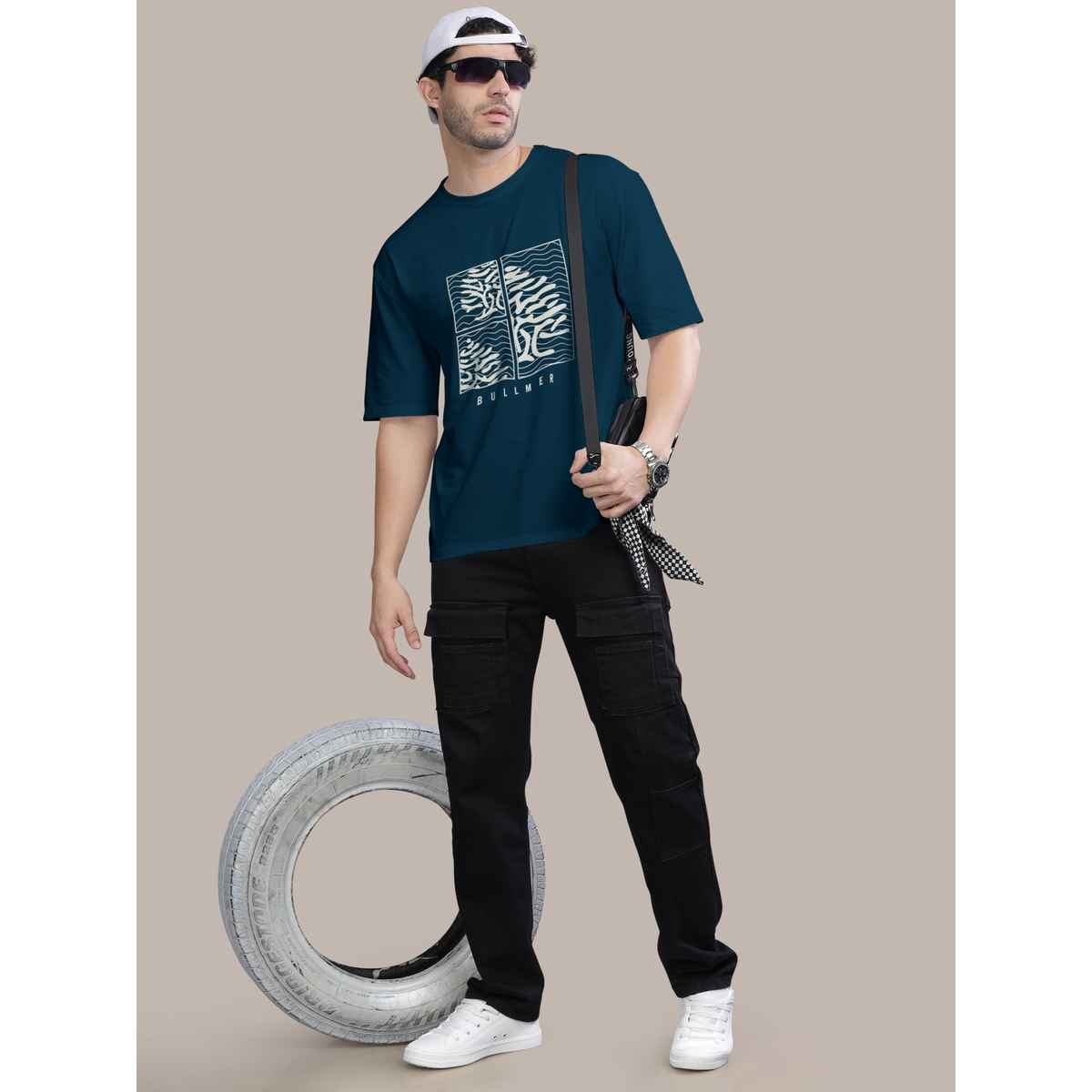 Bullmer Men's Oversized T-shirt Front Printed | Petrol Blue | L