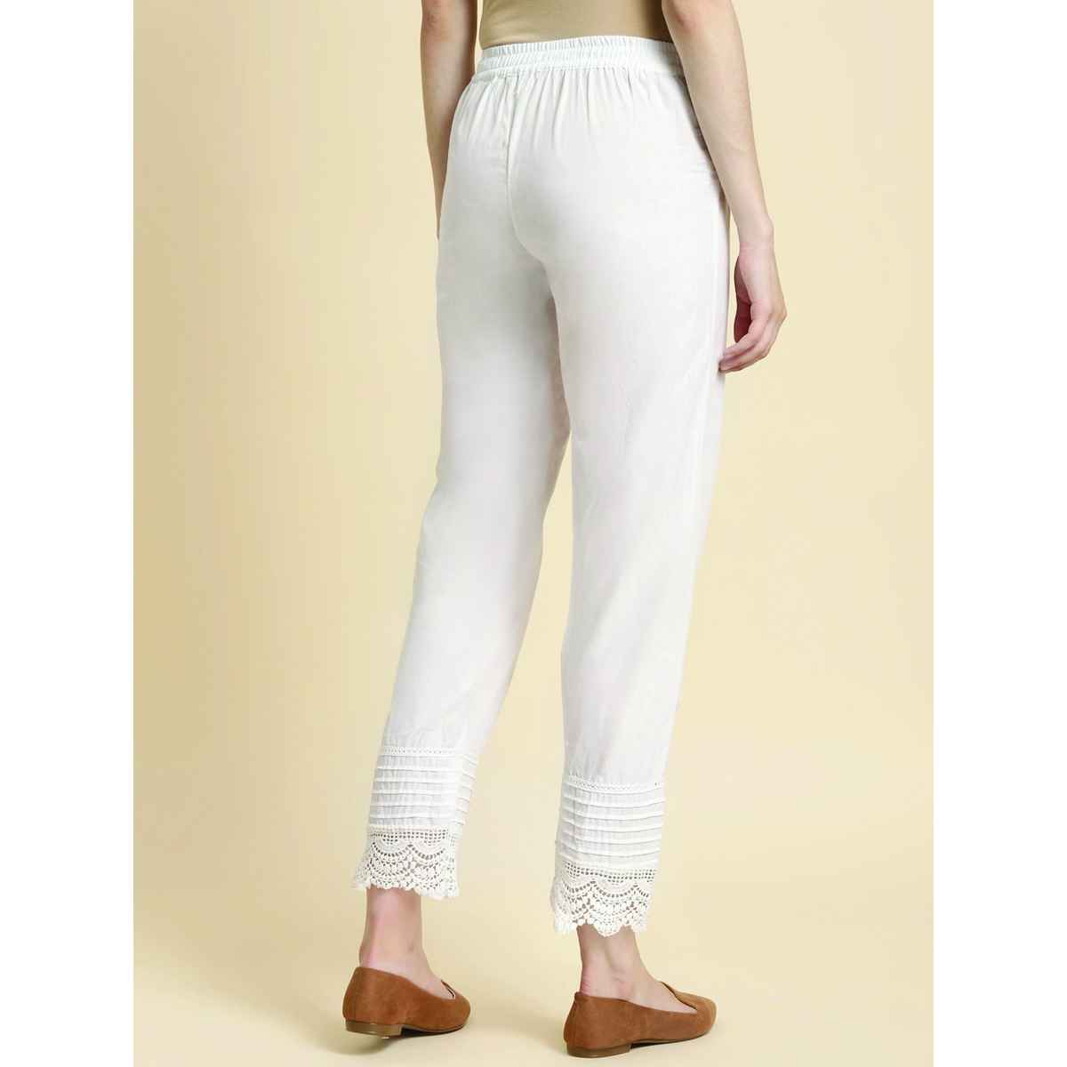Rangita Women Calf Length Straight Pant - Solid | 100% Cotton | Off White | L