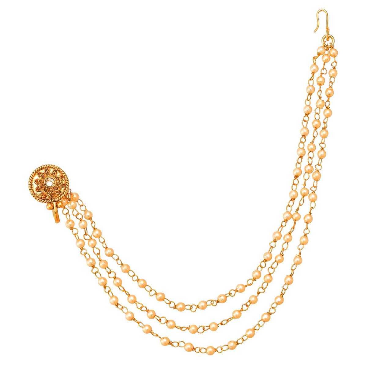 Aadita Traditional Long Chain Nose Pin- Gold Plated Nath with Kundan & Pearl for Bridal Wear