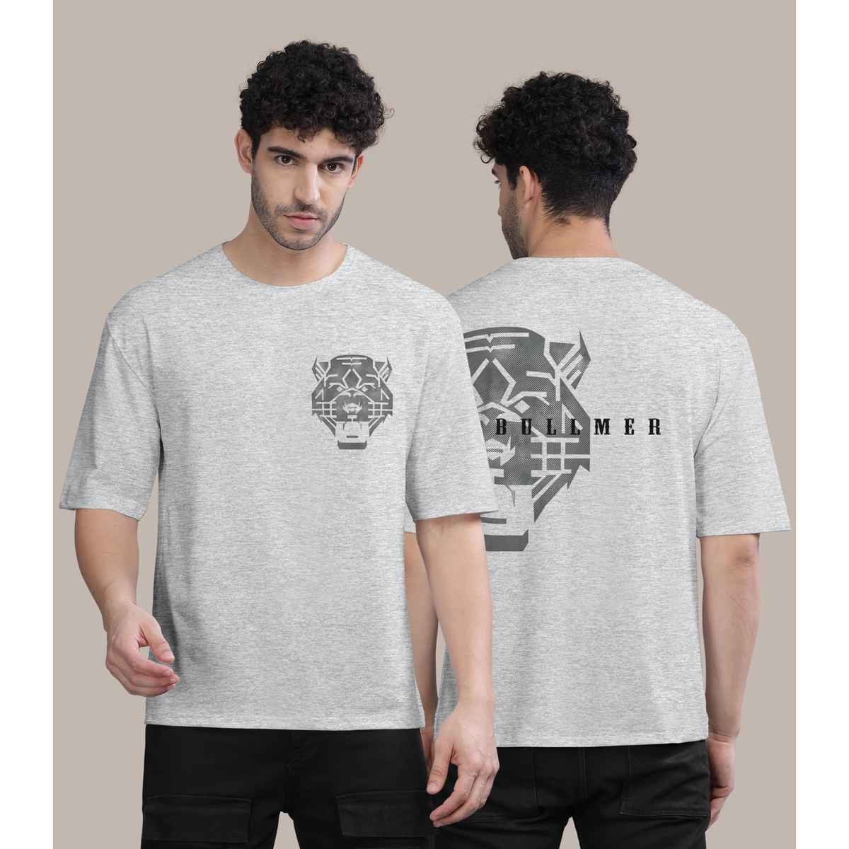 Bullmer Men's Oversized T-shirt Front and Back Printed, Colourblock Baggy | White Melange | L
