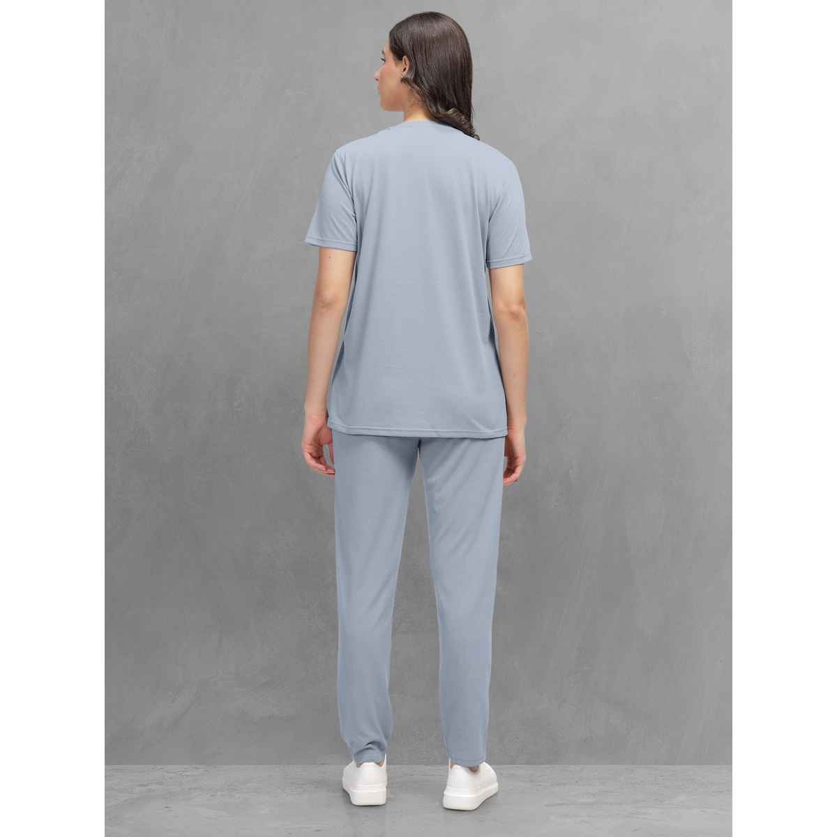 Hellcat Women's Trendy Printed - Solid T-shirt with Pants Lounge Wear - Coords | Bluish Grey - S