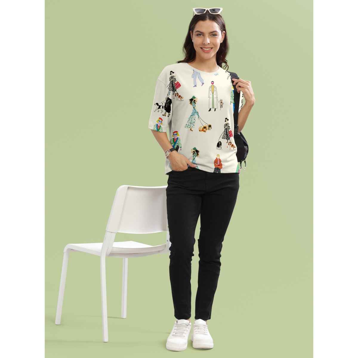 Hellcat Women's Printed Loose Fit Crew-Neck Crop T-shirt | Cream - L