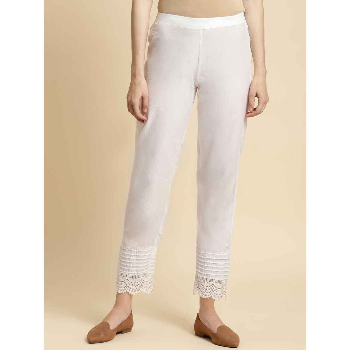 Rangita Women Calf Length Straight Pant - Solid | 100% Cotton | Off White | M