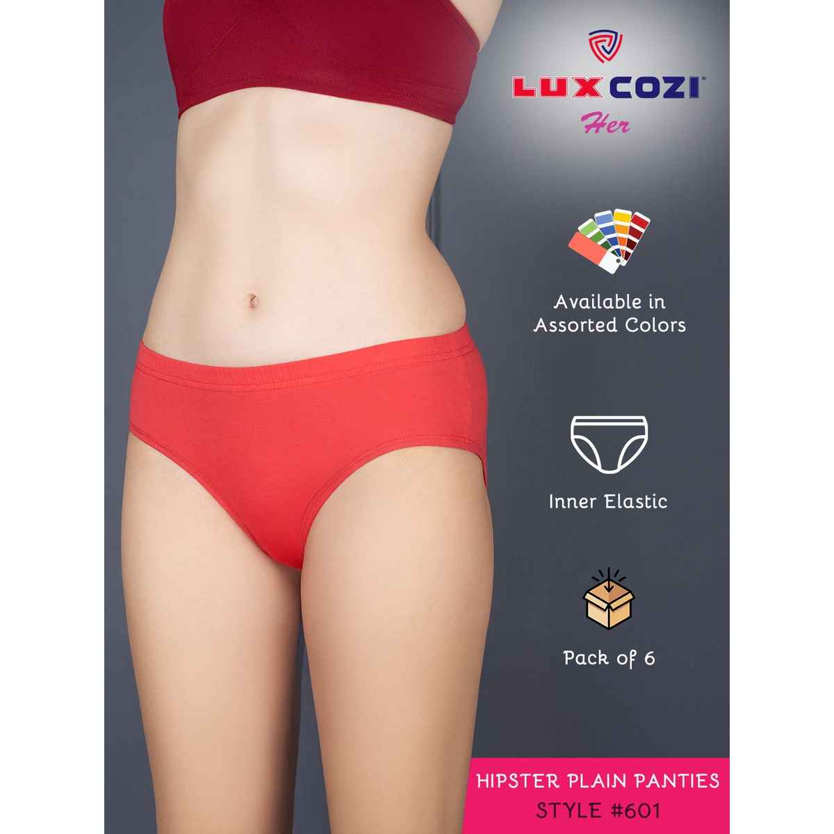 Lux Cozi Her Pure Cotton Hipster Panty | Multicolor | Size-95 | Pack Of 6
