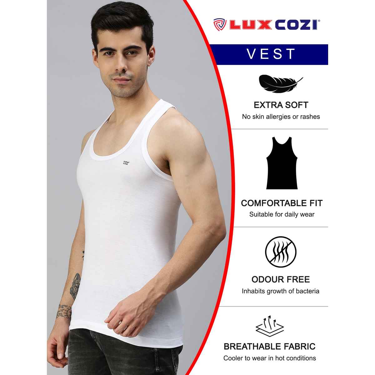 Lux Cozi Men's White Cotton Vest | White | 75